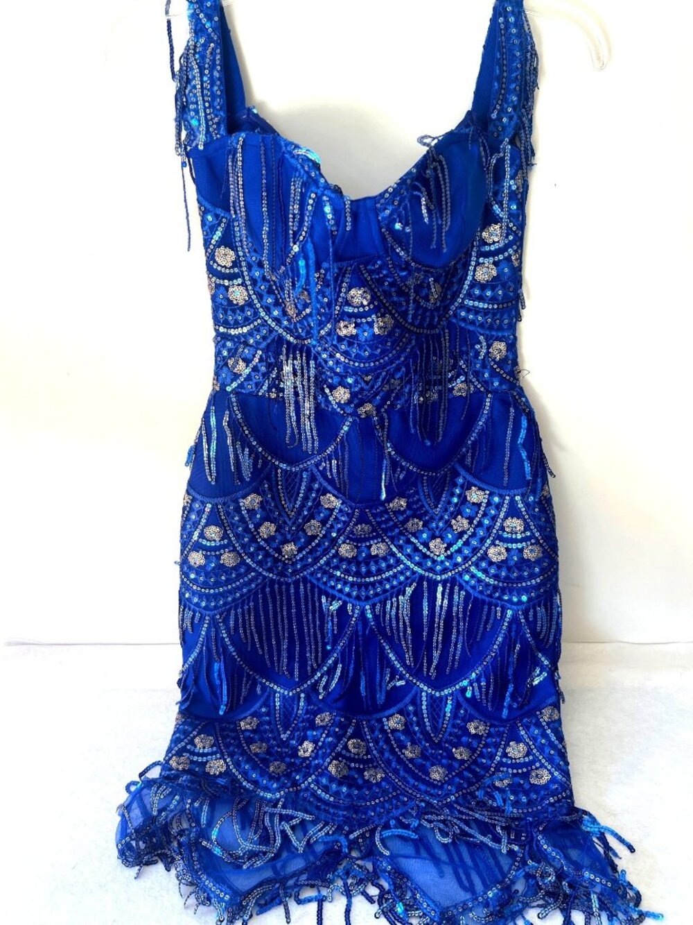 Bella Barnett Beaded Sequined Royal Blue Fringe Dress Size Small